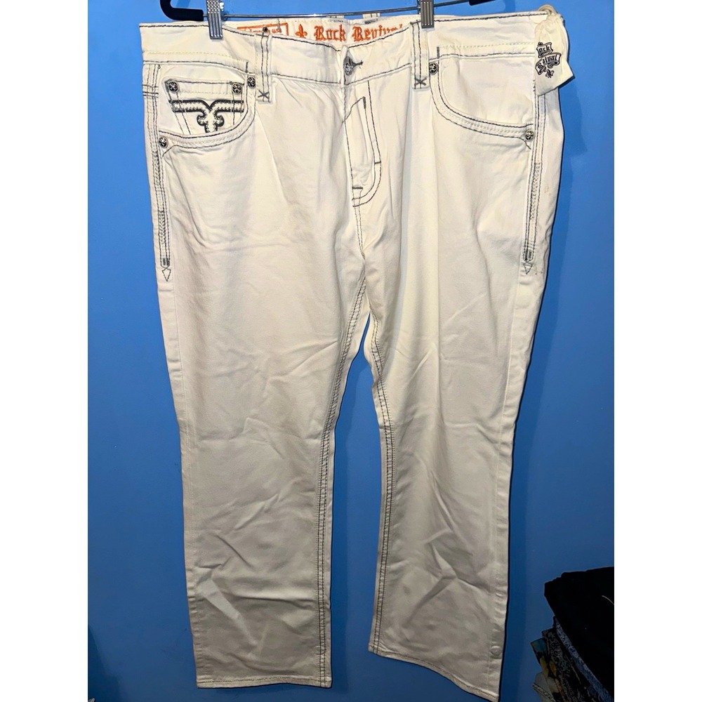 Rock Revival Lowry White Straight Jeans Embroidered Logo Denim 44/34 NWT